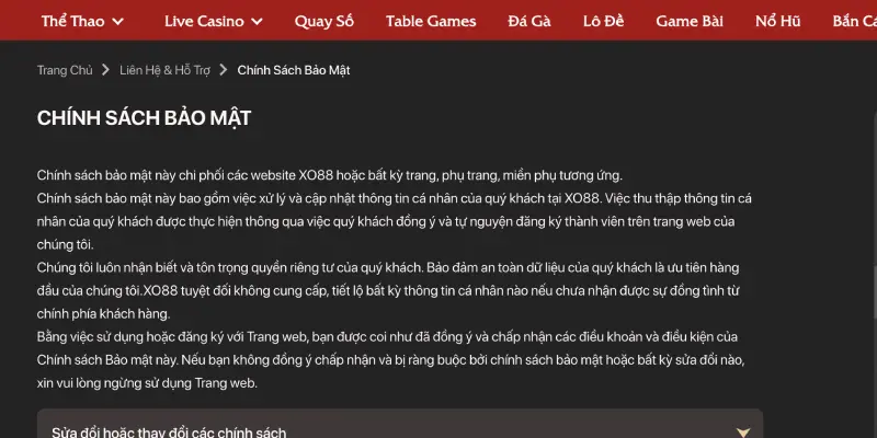 Thông tin chi tiết về chính sách bảo mật Xo88